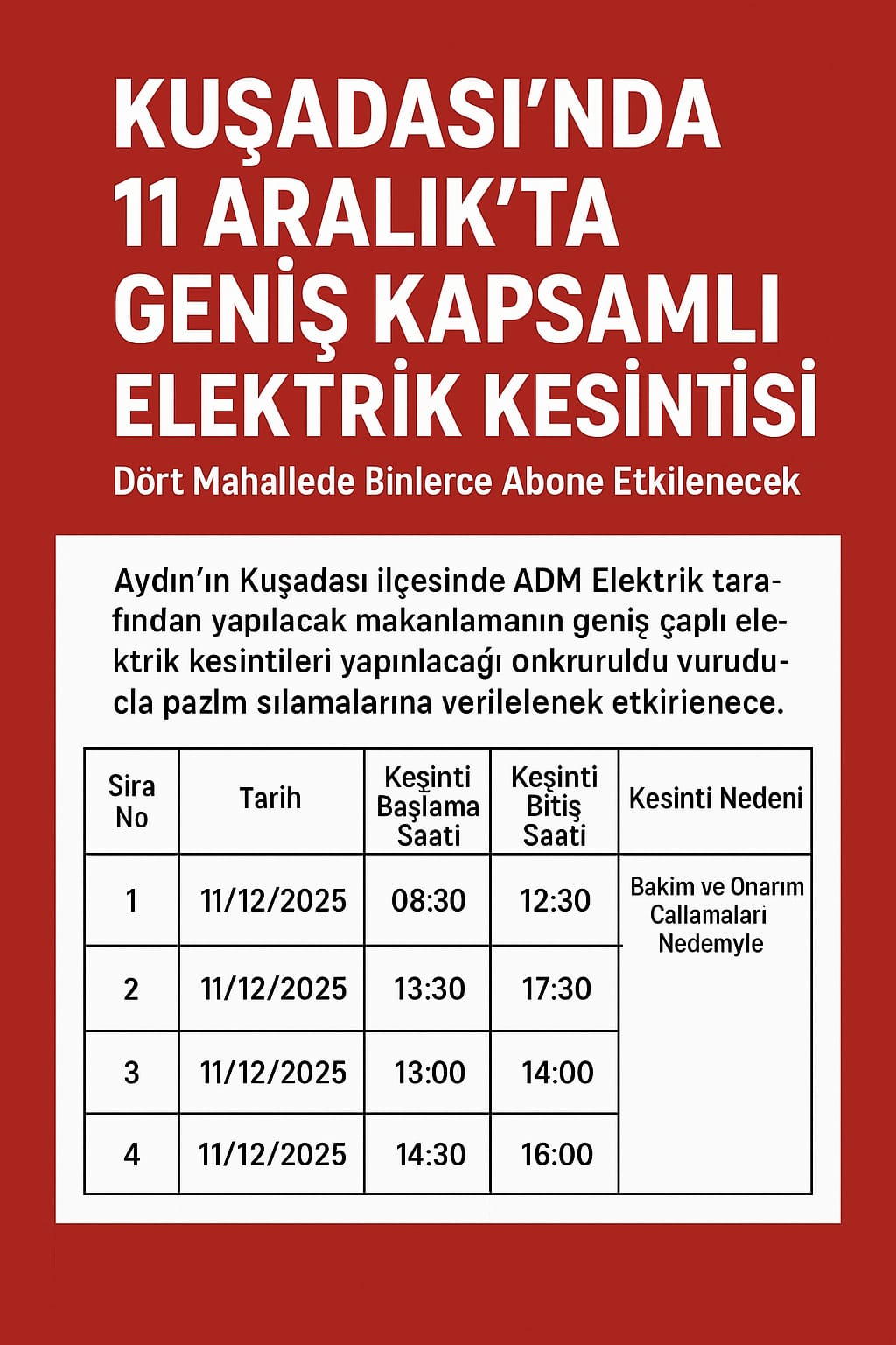 Kuşadası’nda 11 Aralık’ta Geniş Kapsamlı Elektrik Kesintisi: Dört Mahallede Binlerce Abone Etkilenecek
